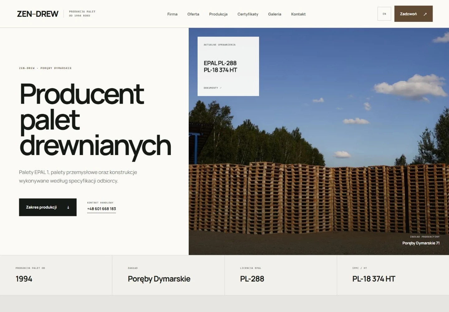 Po redesignie: nowa strona ZEN-DREW z wyraźnym nagłówkiem, ofertą i fotografią palet