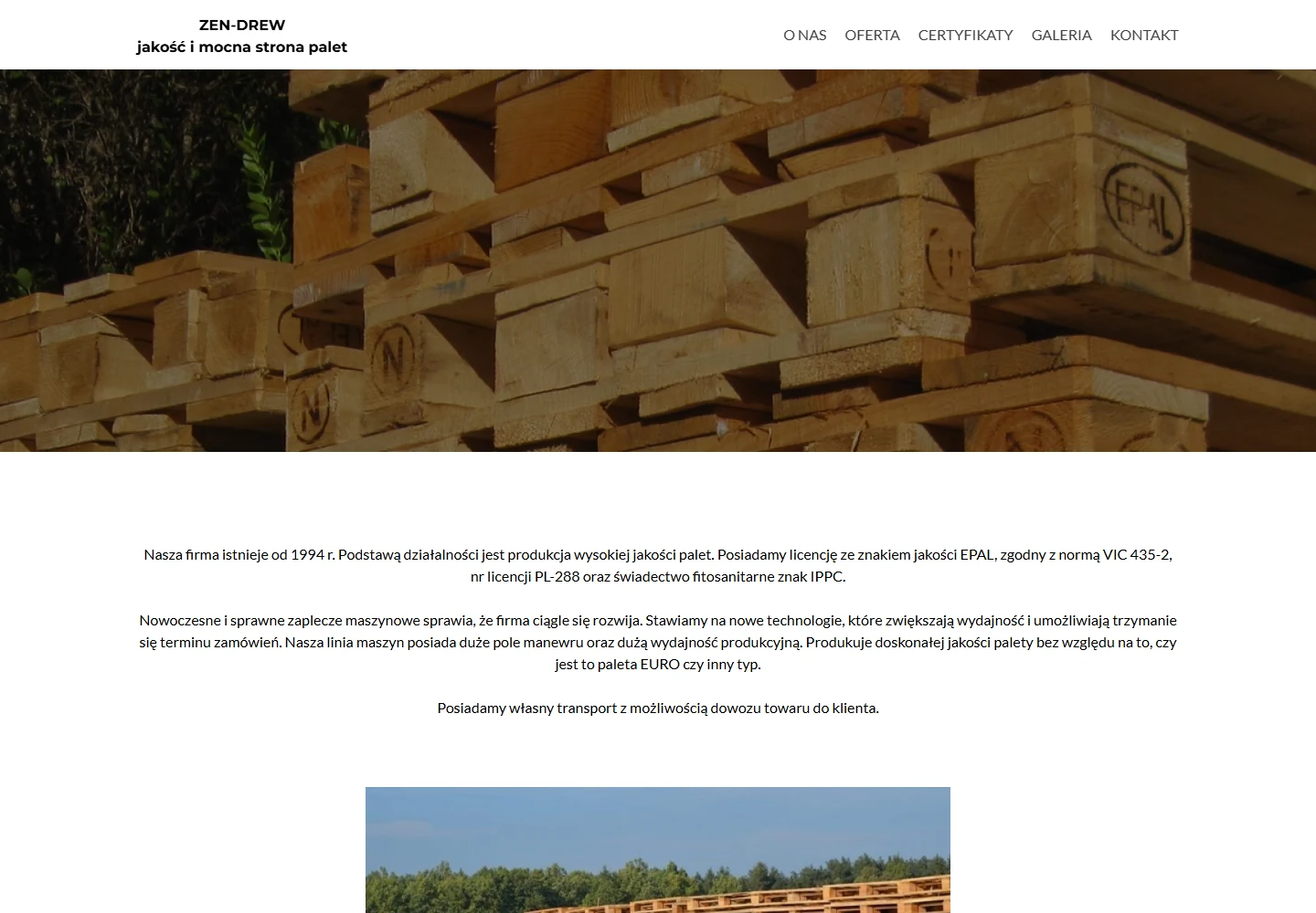Przed redesignem: poprzednia strona główna ZEN-DREW z fotografią palet i blokiem tekstu o firmie